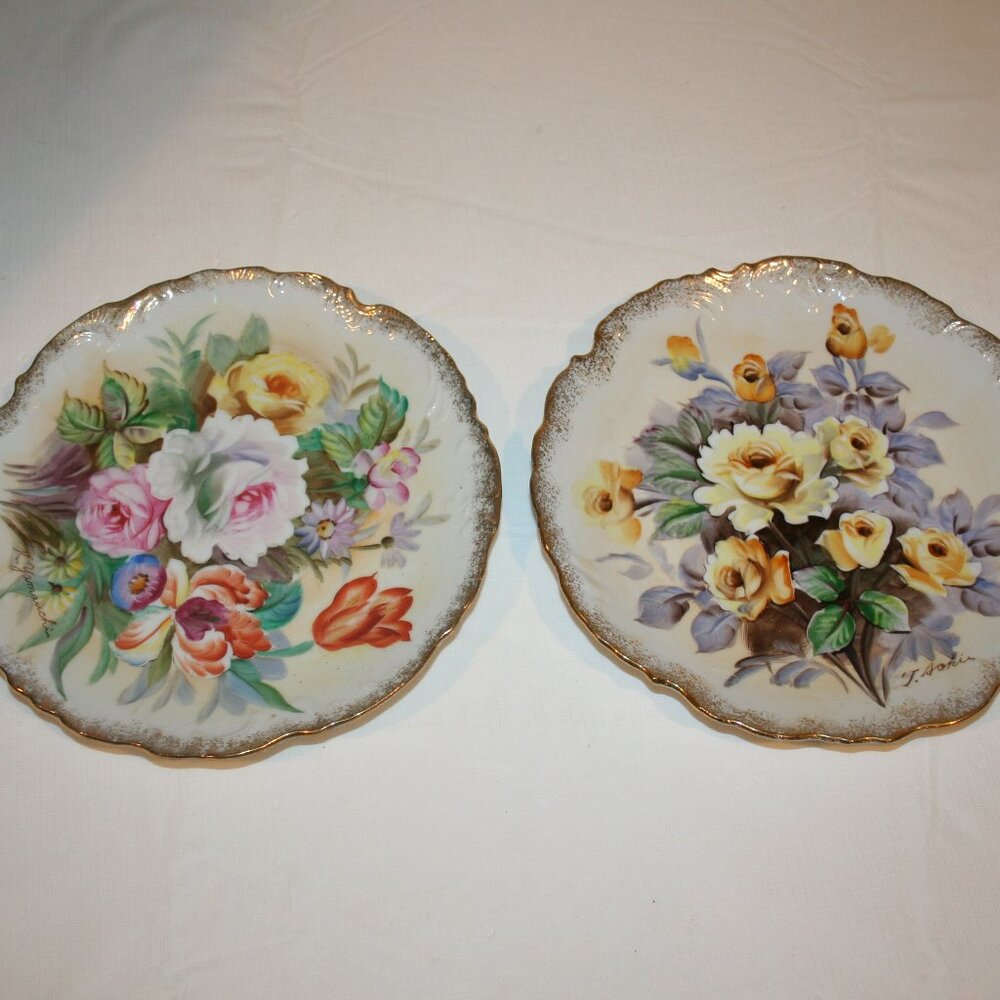 Lot of 2 K Yamauchi & T. Aoki Handpainted Rose Scalloped Porcelain Plate Floral
